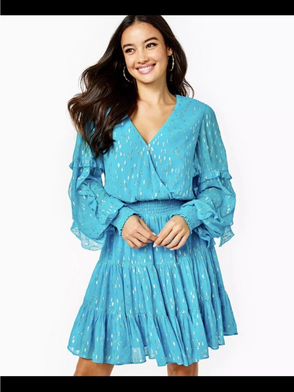 Lilly Pulitzer Turquoise Blue Long-Sleeve Tiered Smocked Dress size 8 - Picture 7 of 8